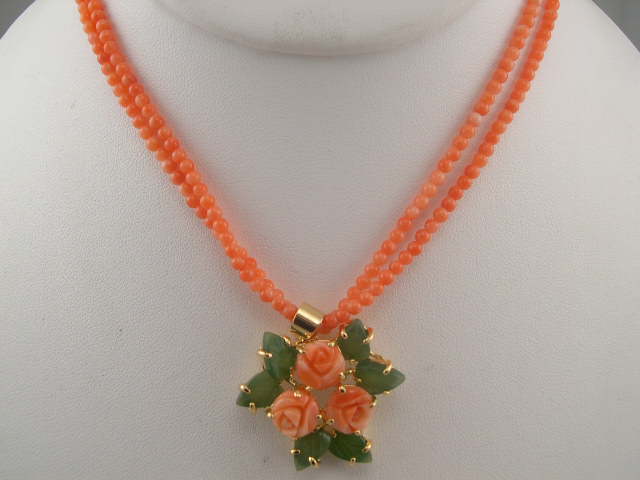 Coral Necklace with Coral Rose and Jade Pendant