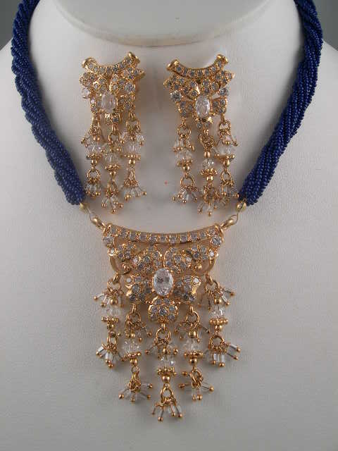  Jewelry made with Navy Blue Seed beads and white stone Pendant